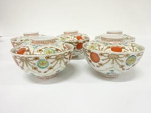 古伊万里　染付色絵　赤玉　蓋物茶碗　5客